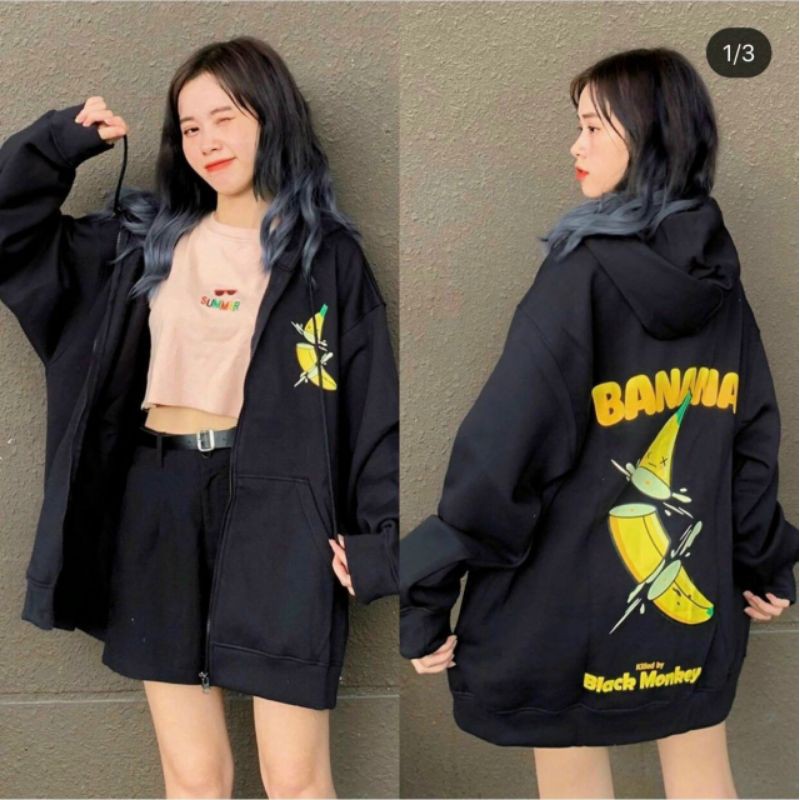 [Giá siêu rẻ] Áo khoác nỉ zip hoodie quả chuối, form rộng, có 2 phối màu đen trắng | BigBuy360 - bigbuy360.vn