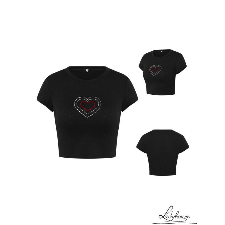 Áo Thun Croptop Cổ Tròn Họa Tiết Trái Tim Đính Đá Xinh Xắn Cho Nữ