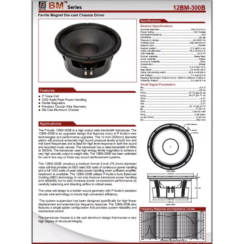 LOA RỜI PAUDIO 3 TẤC 12BM-300B (12") (1 cặp) - Hàng Chính Hãng