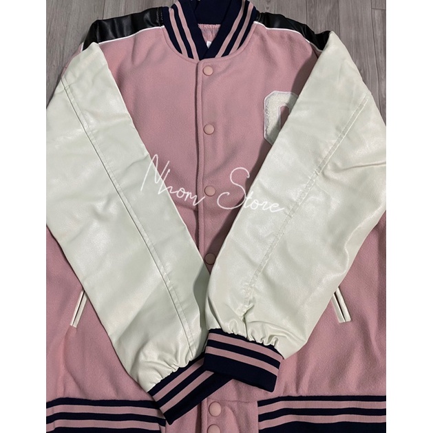 Áo khoác bóng chày tay da chữ thêu phong cách retro