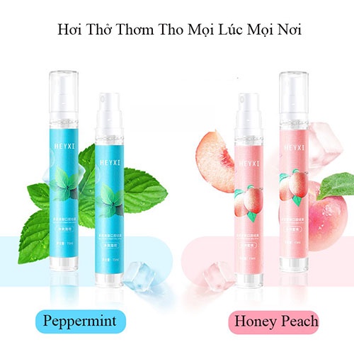 Chai xịt thơm miệng Heyxi 20ml cho hơi thở thơm mát, Xịt thơm miệng vị đào bạc hà Heyxi dạng chai 20ml kháng khuẩn