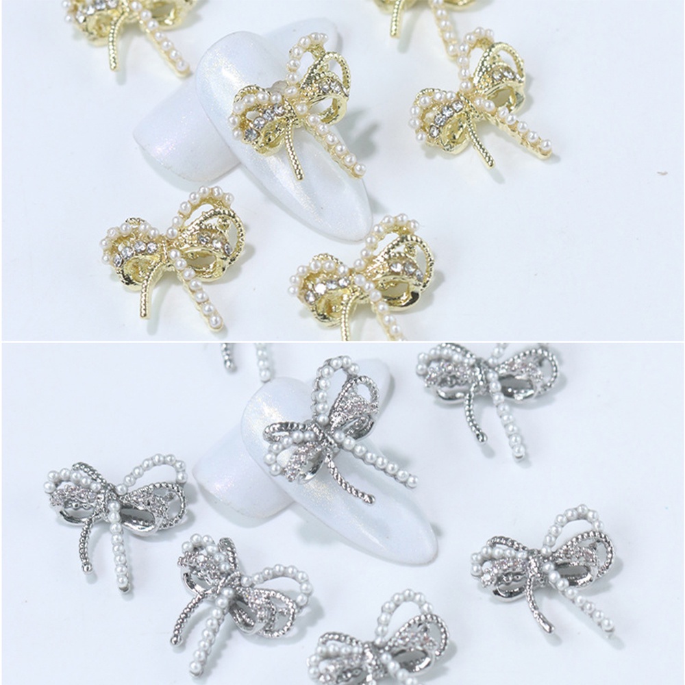 [Hàng mới về] 5 Trang sức trang trí móng tay hình nơ bằng hợp kim đính đá zircon giả nhiều màu tùy chọn