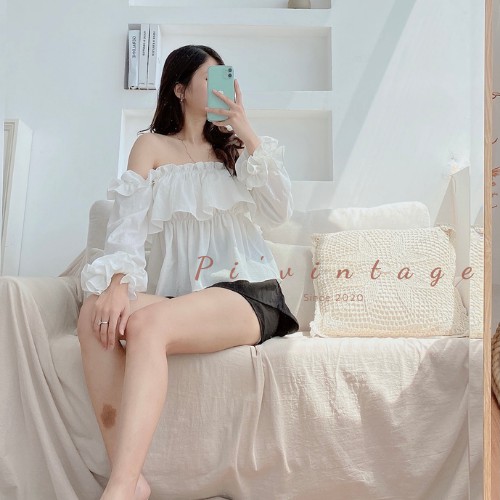 [FREESHIP] Áo trễ vai croptop tay bồng bèo nhún thiết kế - (Linen Top)