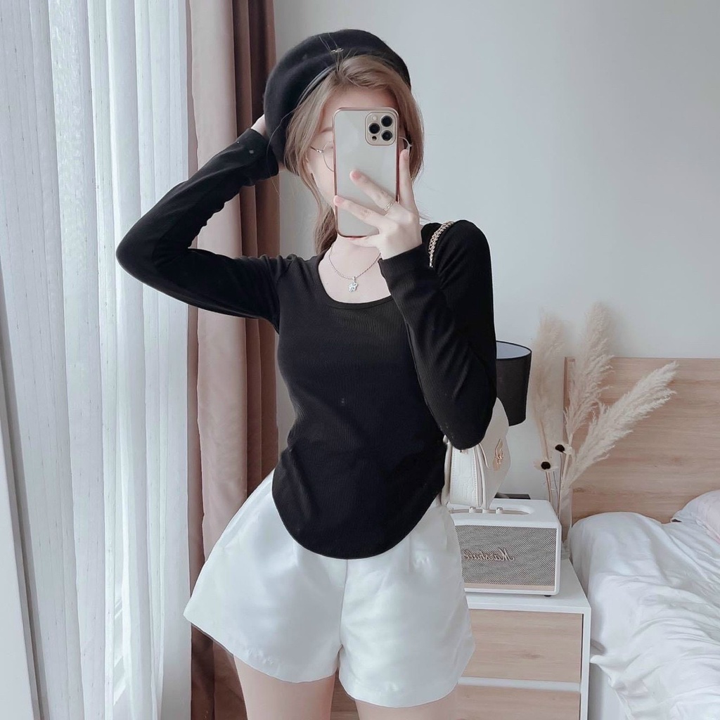 Áo kiểu cổ vuông tay dài vạt bầu cực hot , chất thun gân dày dặn ( ảnh thật )