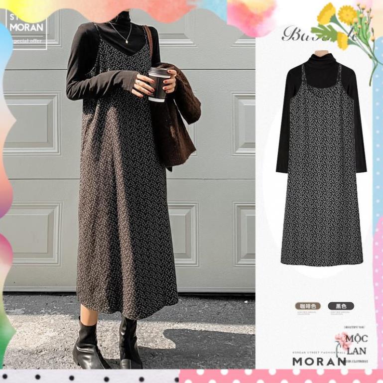 Váy yếm hai dây hoa nhí MORAN suông dài đơn giản vintage Hàn Quốc
