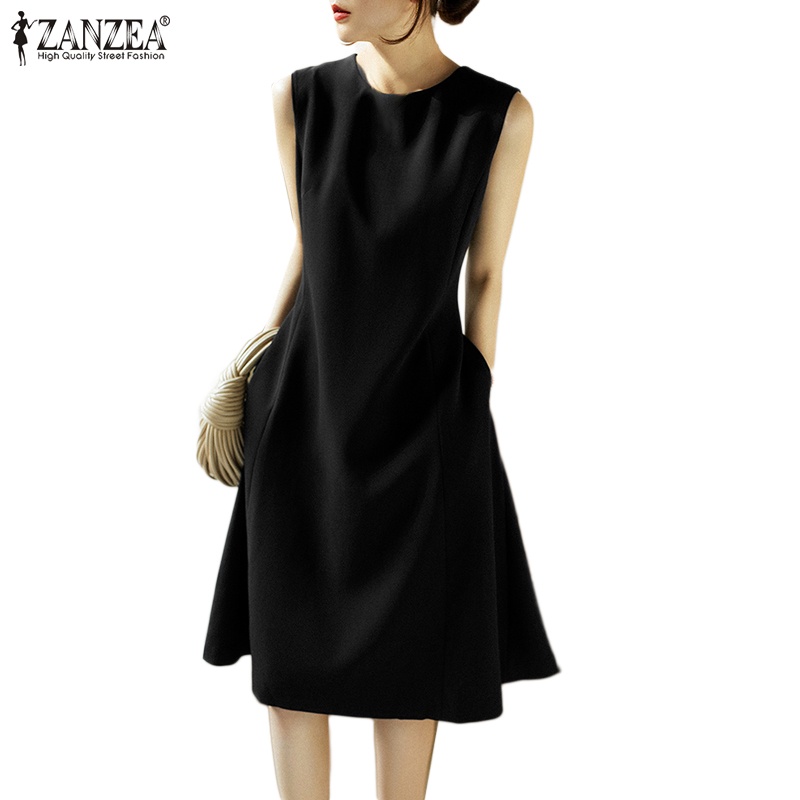 Đầm ZANZEA không tay màu trơn có túi và khóa kéo sau lưng thời trang vintage cho nữ
