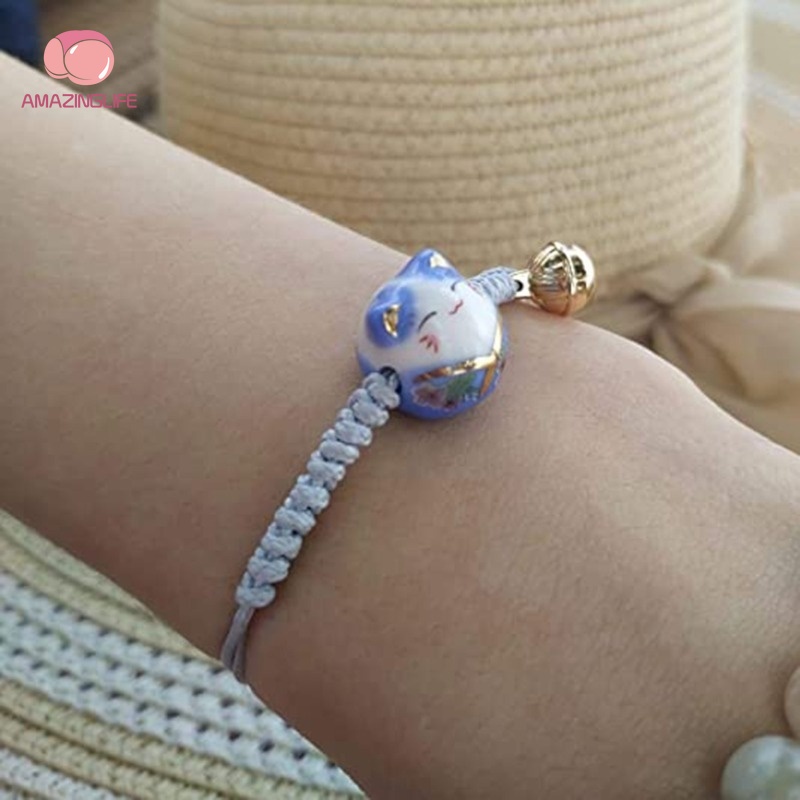 Vòng Đeo Tay May Mắn Đính Hạt Gốm Sứ Hình Mèo Dễ Thương Có Thể Điều Chỉnh