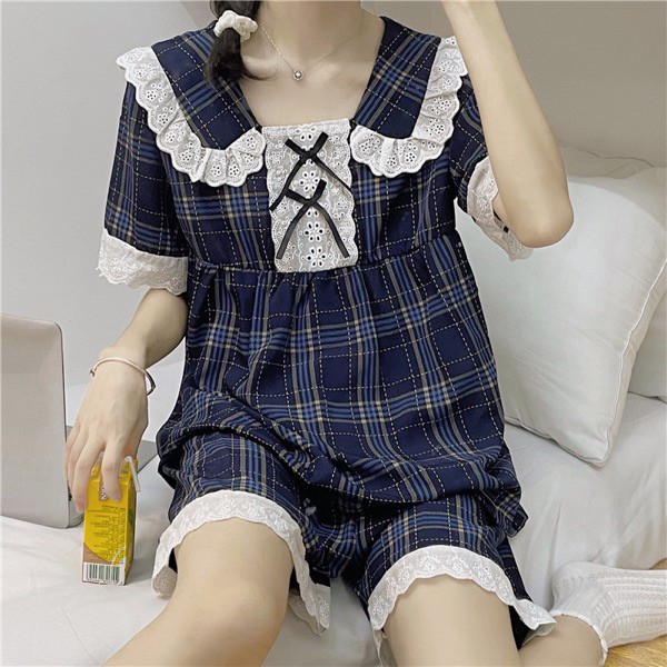 Bộ ngủ kẻ caro phối ren siêu cute Ulzzang style Hàng Quảng Châu