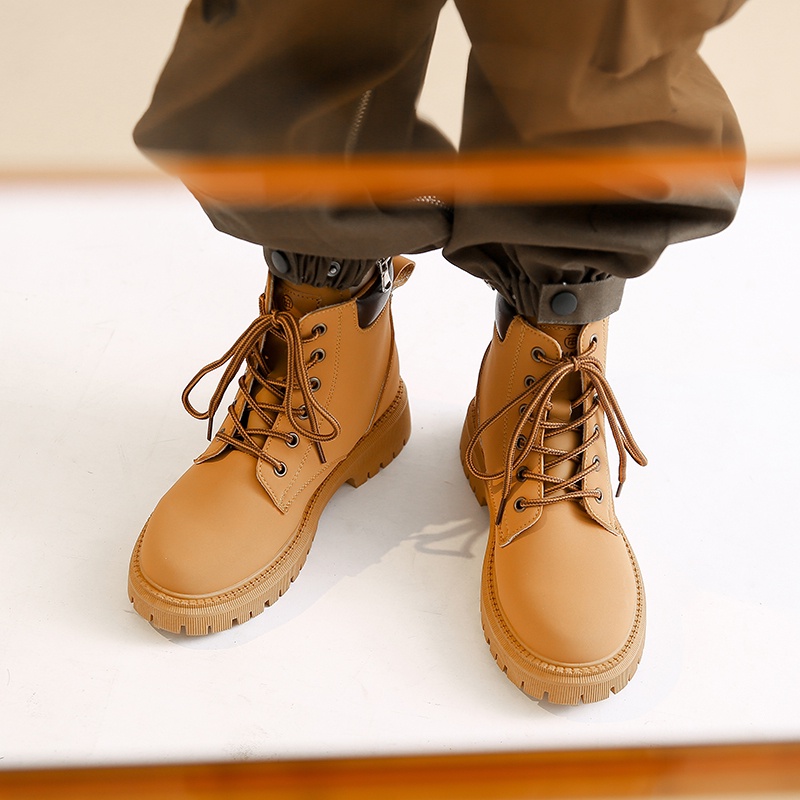 Giày Bốt Martin Da Lộn Gót Vừa Mũi Tròn Màu Vàng Thời Trang Cho Nữ