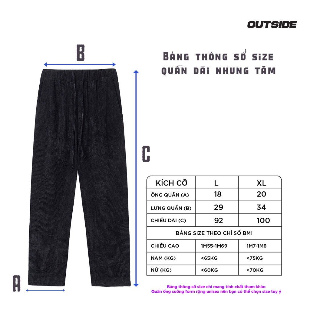 Quần baggy nhung tăm may nhãn silicon OUTSIDE, quần nhung tăm ống suông form rộng unisex - Dài nhung silicon