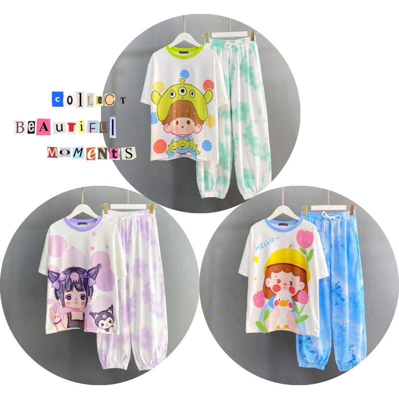 Set Bộ Quần Jogger Loang Màu Áo Thun Búp Bê Tay Lở 3D Ảnh Thật