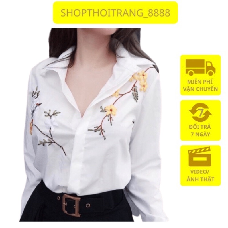 Áo sơ mi thêu hoa thủ công cực chất cho nữ thời trang công sở