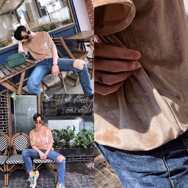Áo thun nhung unisex fom rộng, màu kem