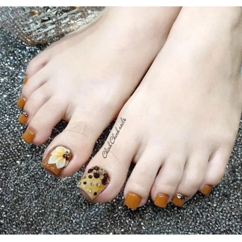 Nailbox/ Bộ 24 móng úp chân sẵn/ Móng chân giả màu cam đất loang đính đá đắp hoa