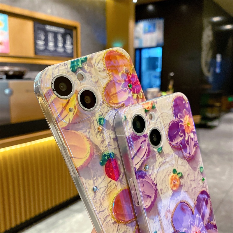 Ốp Điện Thoại Mềm Họa Tiết Hoa Kim Cương Tím Cho iPhone14 13 12 11 Pro Max Plus X XR XS Max