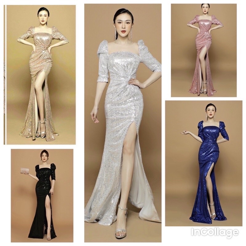 Đầm dạ hội kim sa tay lỡ cao cấp  tặng hoa taie