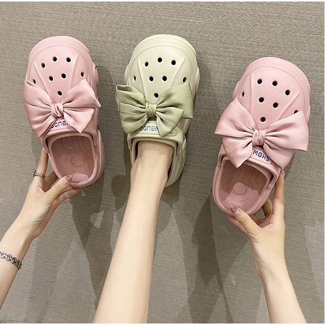 Dép Cross Thắt Nơ Đế Cao 3cm Siêu Dễ Thương, Dép Sục Nữ Chất Lượng Cao