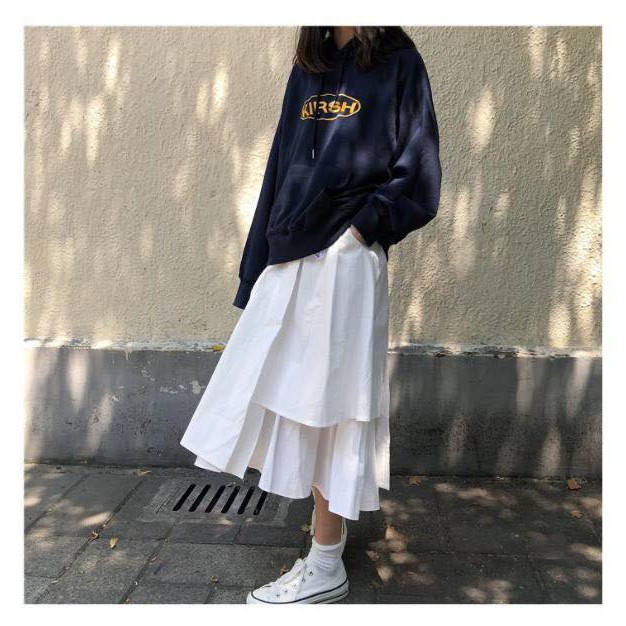 [V21] Chân váy ulzzang tầng dáng dài xòe nữ đen trắng