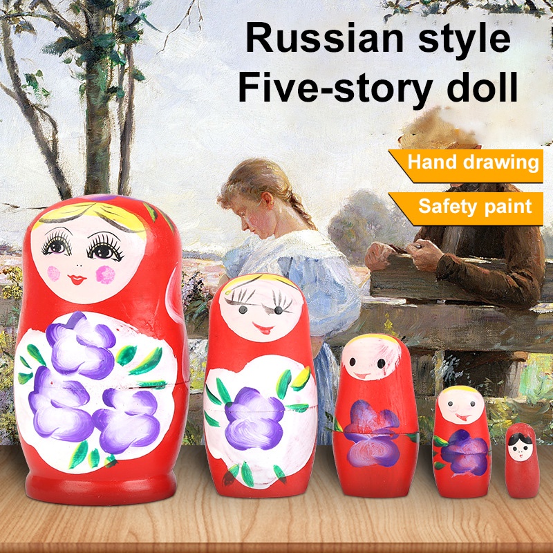 Búp bê Nga làm tổ bằng gỗ Thủ công mỹ nghệ 5 mảnh Matryoshka Búp bê Bộ vẽ tay Búp bê được chế tạo thủ công Đồ chơi trang