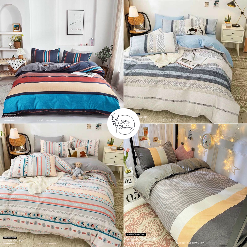 Ga gối poly nguyên bộ cả chăn bao gồm 2 vỏ gối, 1 vỏ chăn 1 ga kẻ đủ kích thước 1m2, 1m4, 1m6,1m8, 2m giá rẻ, xịn