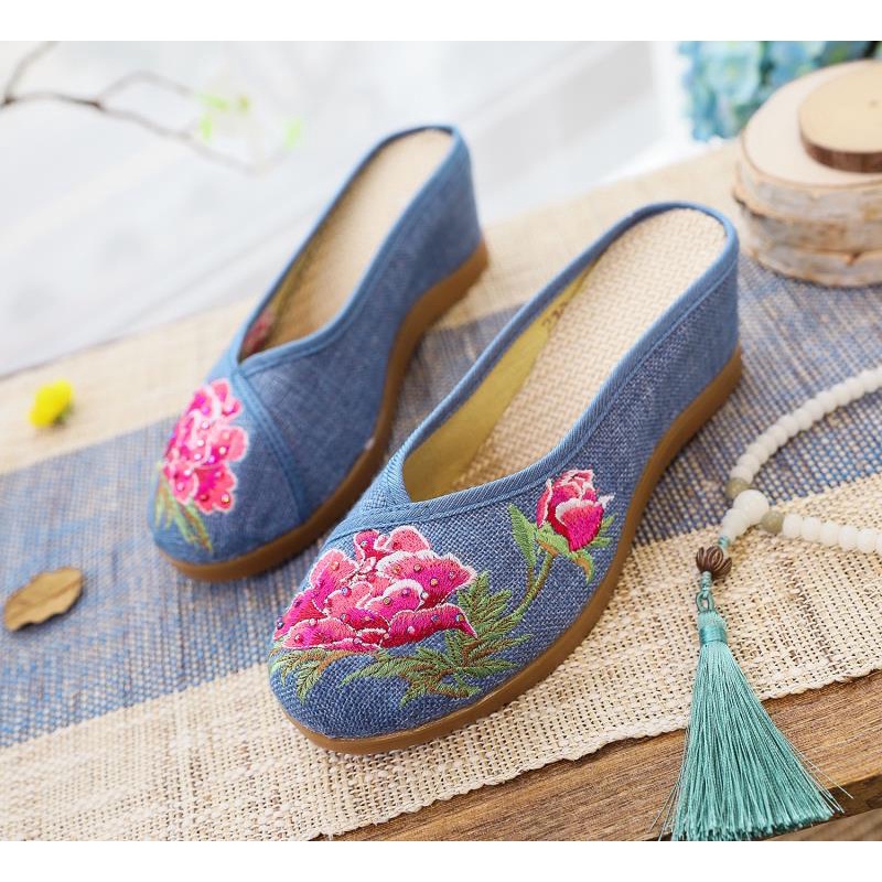 Dép Cao Gót Vải Lanh Thêu Họa Tiết Đính Đá 2 Hàng Ngàn Thời Trang Mùa Hè Cho Nữ EthA7