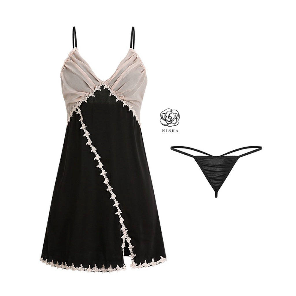 Đầm ngủ satin phối voan - Mã D273