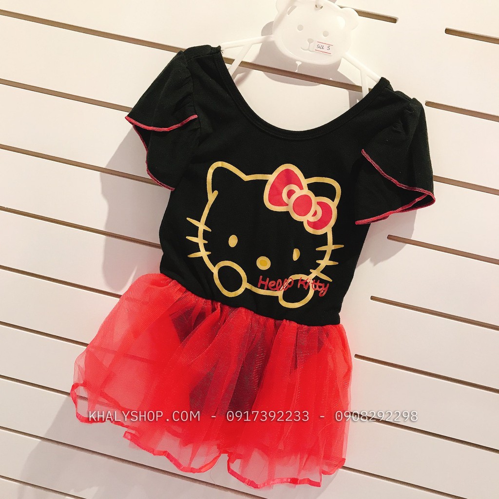Đầm bơi tay ngắn hình Mèo Hello Kitty có 3 màu hồng lợt, hồng đậm, đen phối lưới siêu xinh cho bé gái - DBKT
