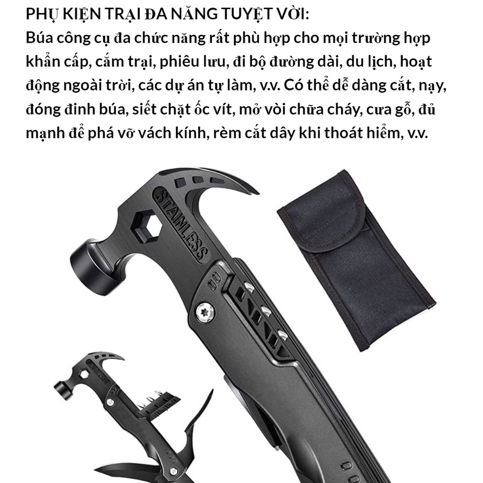 Búa đa năng sinh tồn dã ngoại 13 chức năng chuyên cho dân phượt và gia đình, bằng thép cao cấp không gỉ