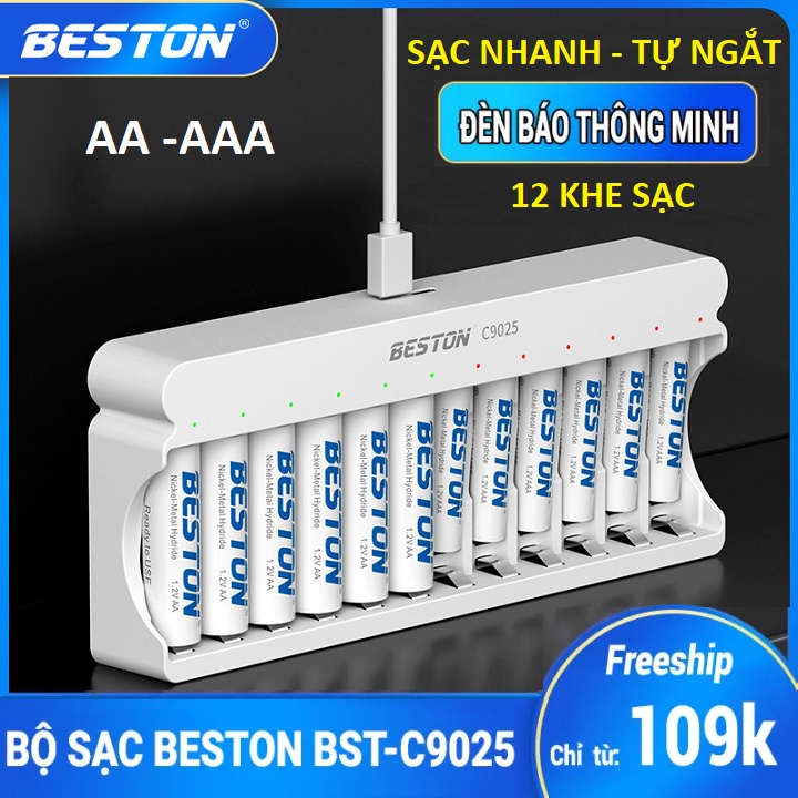 Bộ Sạc nhanh Tự ngắt 12 khe pin Beston C9025 AA AAA , đèn LED báo thông minh, dùng cho micro , đồ chơi