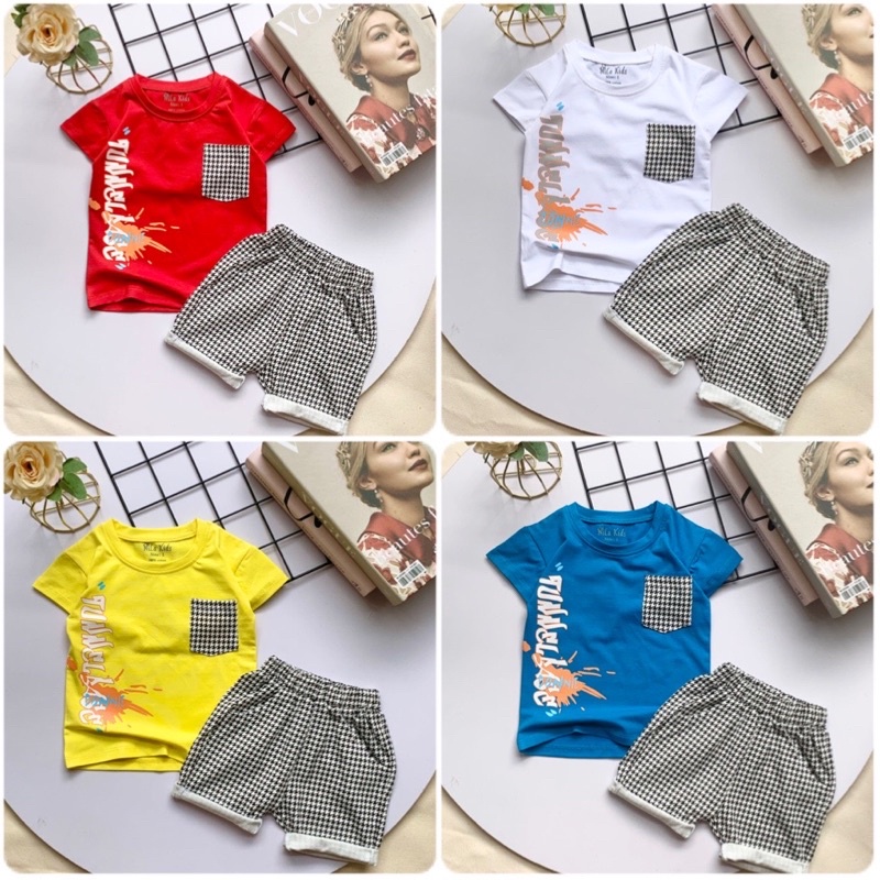Set đồ bộ bé trai Áo thun cotton 100% co giản 4 chiều quần lửng thun cotton họa tiết caro cho bé 8-36kg