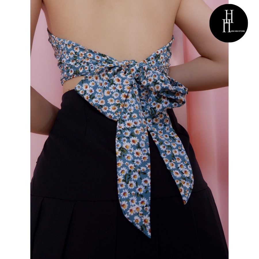 Áo yếm croptop hoa bi xanh dây chuỗi ngọc HAC139 Hỉn Hỉn Store