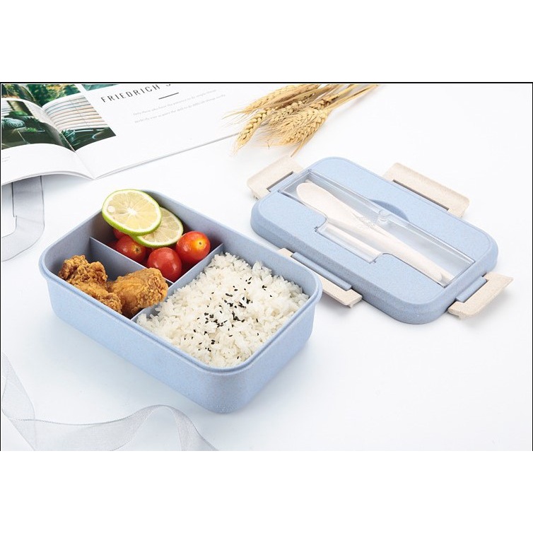 Hộp cơm văn phòng 3 ngăn kèm đũa thìa lúa mạch an toàn tiện lợi (có thể sử dụng với lò vi sóng)