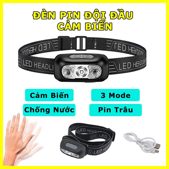Đèn pin đội đầu cảm biến bằng tay siêu sáng, chống nước IPX6, đèn đeo trán1 bóng cảm ứng 3 chế độ sáng, pin trâu