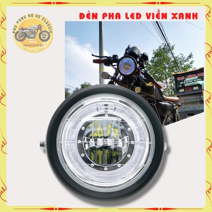 Đèn pha led viền xanh chính hãng Visco dùng độ xe Classic gáo sắt sơn đen mặt kính trong ,đường kính 16cm