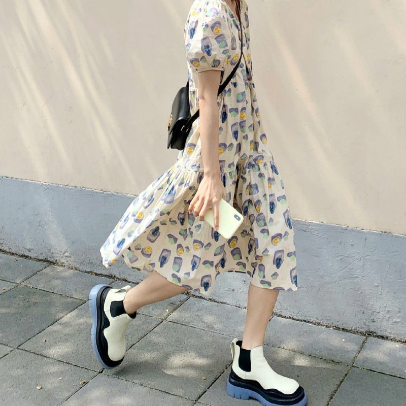 Đầm dáng rộng in họa tiết phong cách Retro thời trang mùa hè thanh lịch cho phái nữ