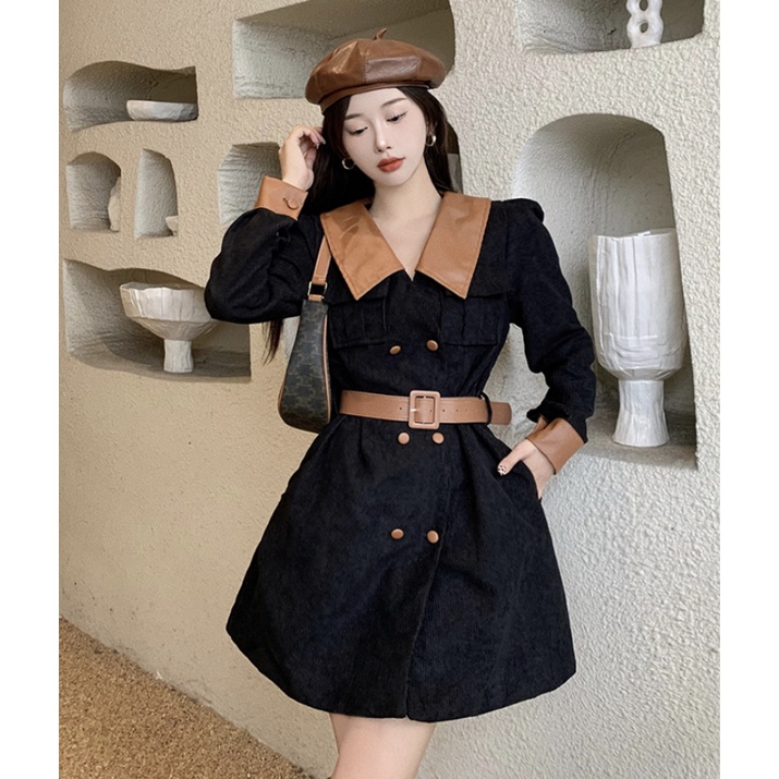 Váy Blazer Nhung Retro Dài Tay Phối Da Chanh Xả