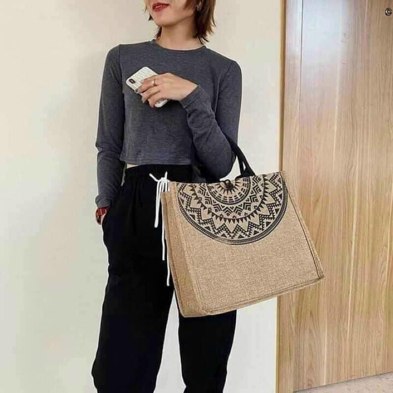 Túi cói du lịch thời trang họa tiết trống đồng