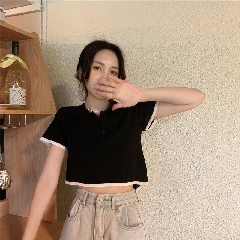 Áo polo Mỏng Tay Ngắn Màu Đen Thời Trang Mùa Hè Dành Cho Nữ