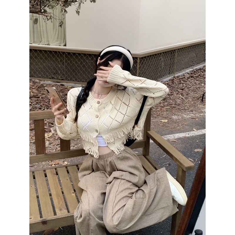 Áo Khoác cardigan Dệt Kim Thiết Kế Viền Rỗng Dáng Ngắn Thời Trang Cho Nữ