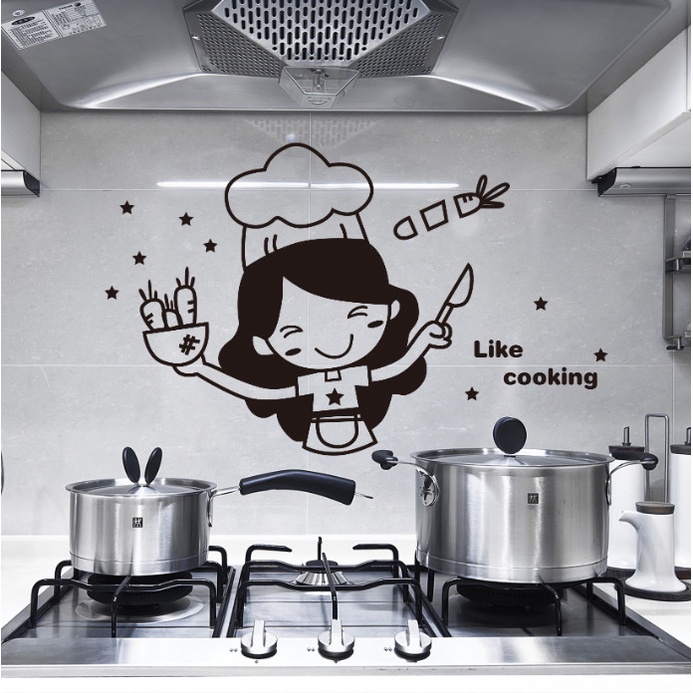 Decal trang trí tường - Cô gái đầu bếp cắt cà rốt