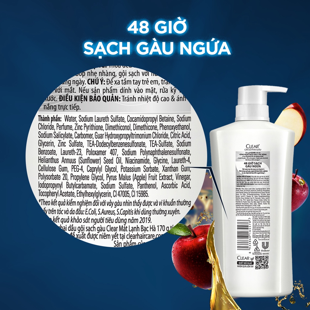 Dầu gội đầu Clear sạch gàu ngứa và vi khuẩn suốt 48 Giờ 880g