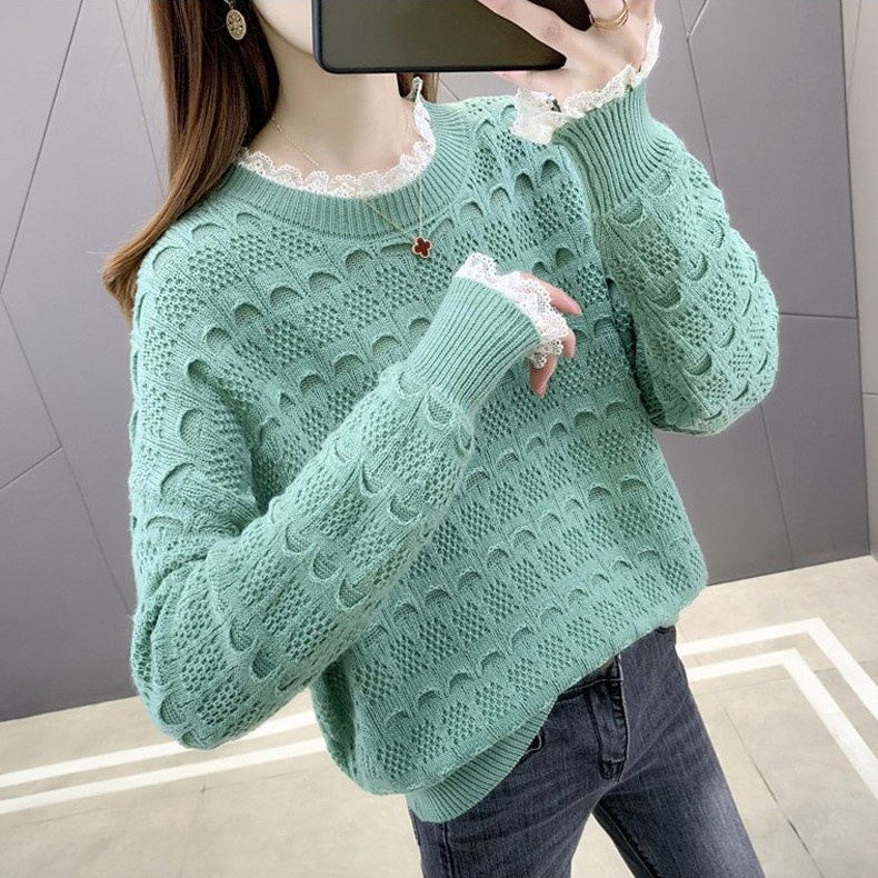 Áo len nữ hoạ tiết pha ren thời trang sweater cổ tròn dài tay chất len dệt kim dày dặn phong cách Hàn Al27
