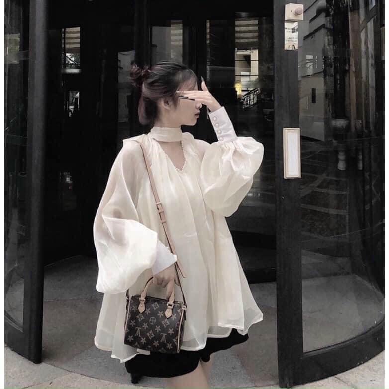 Áo sơ mi cổ phối ngọc dáng rộng- 2 lớp dáng babydoll | BigBuy360 - bigbuy360.vn