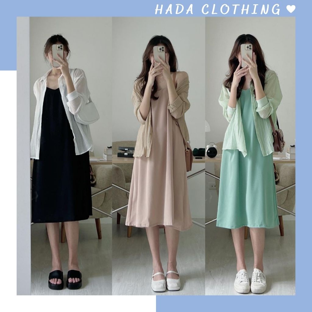 Set váy đầm 2 dây suông dáng dài áo sơ mi Hada, set đồ nữ đi chơi chất đẹp - S07