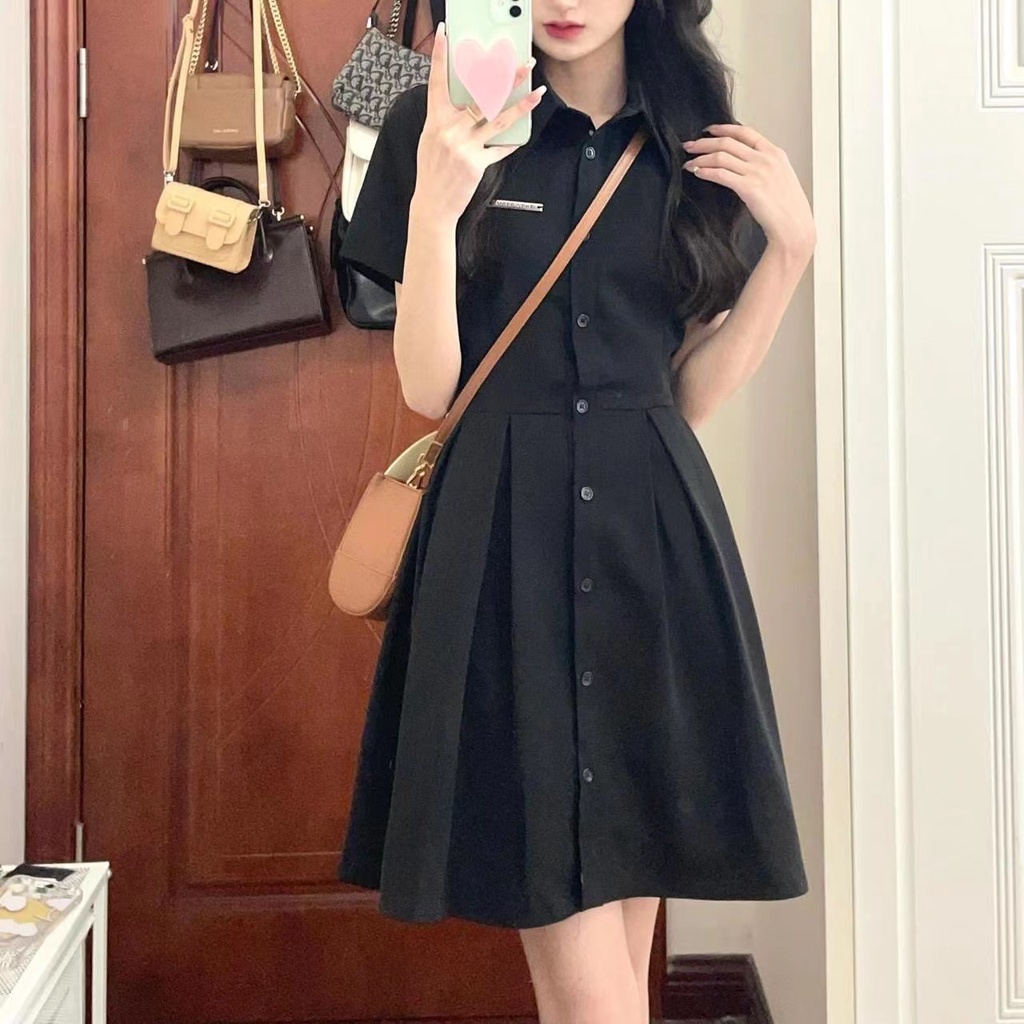 Đầm Cổ polo Cột Nơ Hở Eo Màu Đen Phong Cách Preppy Ngọt Ngào