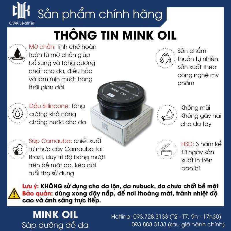 [COMBO 3 Hũ 100ML]-Mink oil Woodson mỡ chồn chuyên bảo dưỡng đồ da, làm mới, phục hồi túi xách, áo da ví da ghế sofa già