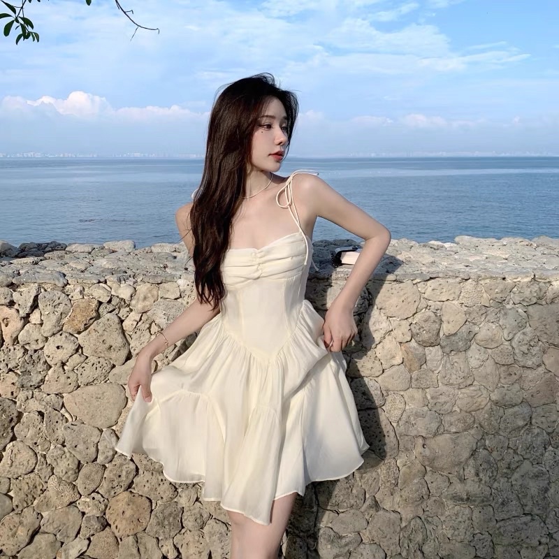 Đầm trắng 2 dây ôm body trắng thắt nơ ngực đuôi cá phối ren/Váy bánh bèo ulzzang mút ngưc