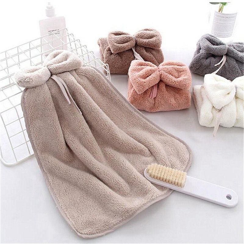 [HÀNG HOT] Khăn Lau Tay Treo Tường Bằng Vải Nhung San Hô,tặng kèm móc treo, Thấm Hút Nhanh Khô Hình Nơ Dễ Thương