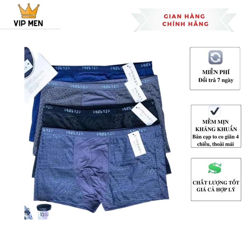 Quần sịp đùi xuất Nhật, quần boxer nam thông hơi cao cấp DXN120, set 4 quần lót nam lưới lỗ to thoáng khí - Vipmen