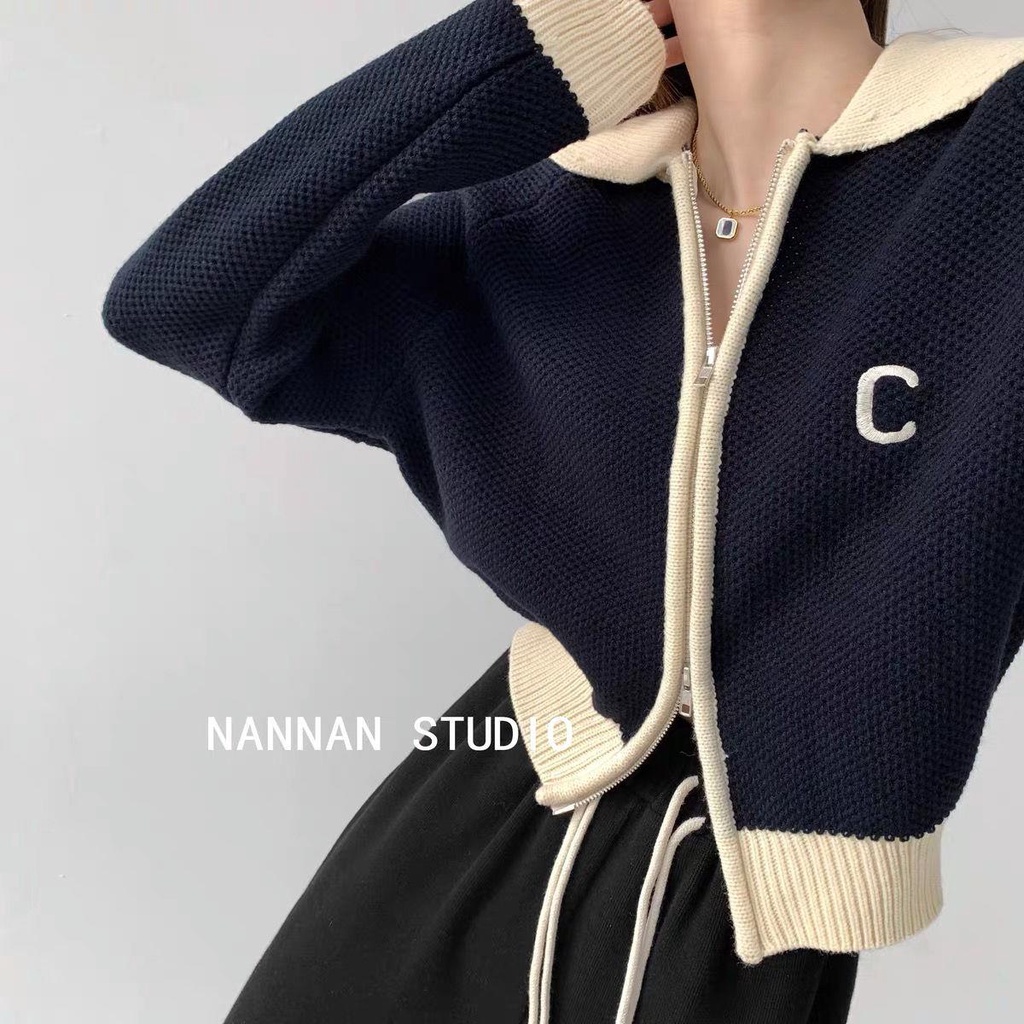 Áo Khoác Cardigan Dệt Kim Màu Sắc Tương Phản Phong Cách Retro Cho Nữ